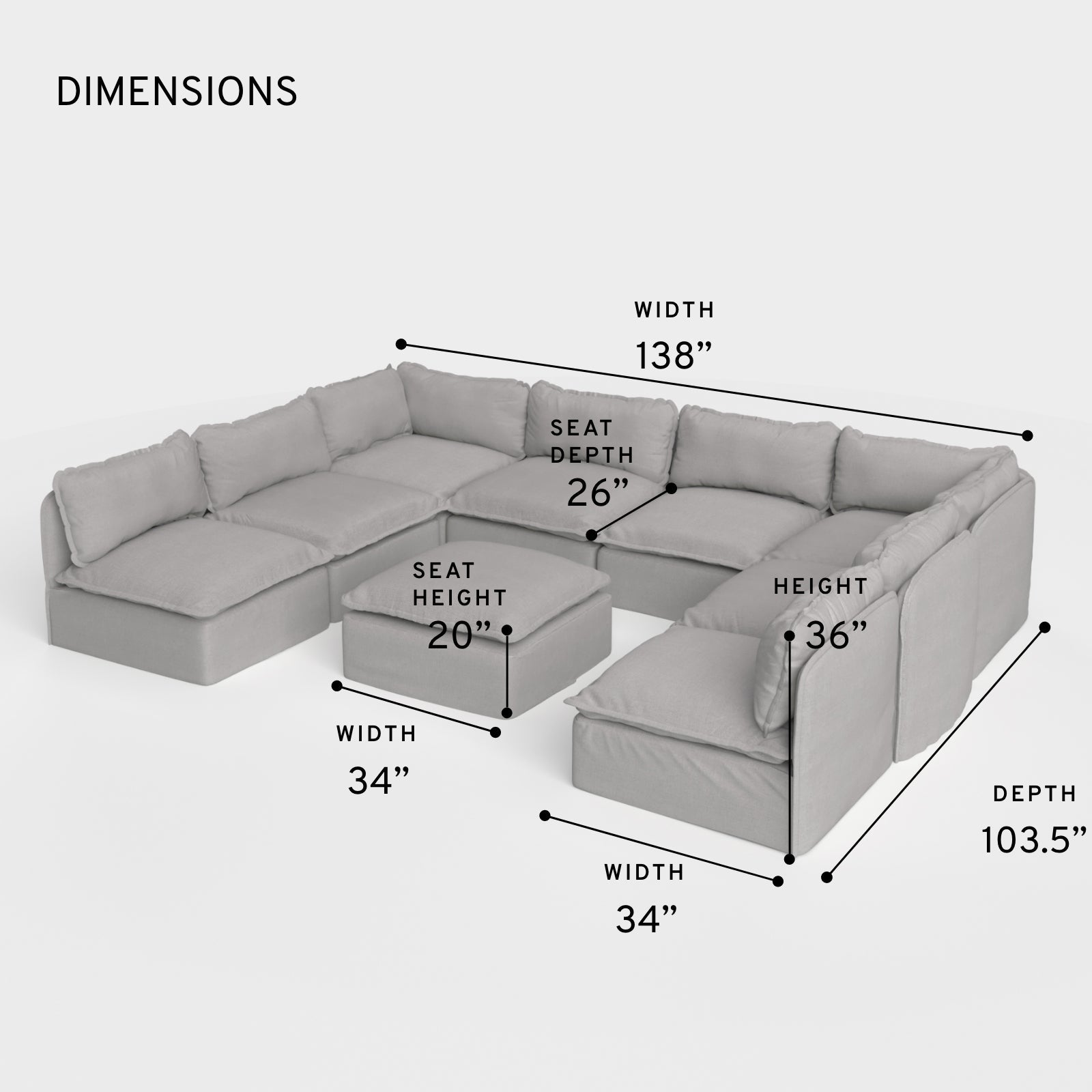 Salon modulable d'extérieur lavable en forme de U avec 8 places assises et pieds décalés + pouf | Toile classique gris pierre