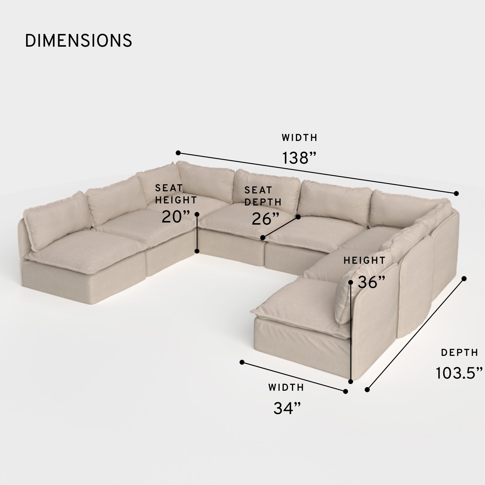 Salon modulable d'extérieur lavable à 8 places, ouvert et en forme de U | Toile classique couleur sable