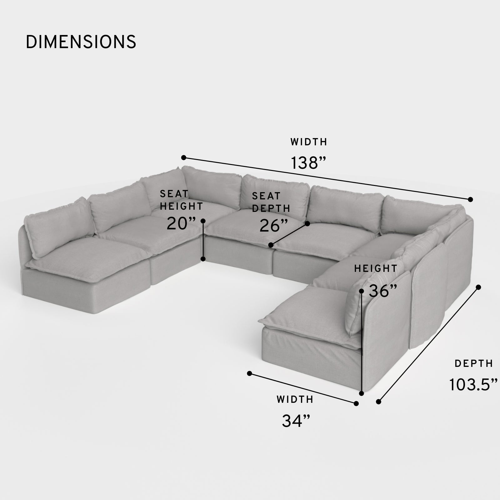 Sectionnel U modulable pour extérieur, 8 places, avec extrémités ouvertes, en toile classique gris pierre, lavable.