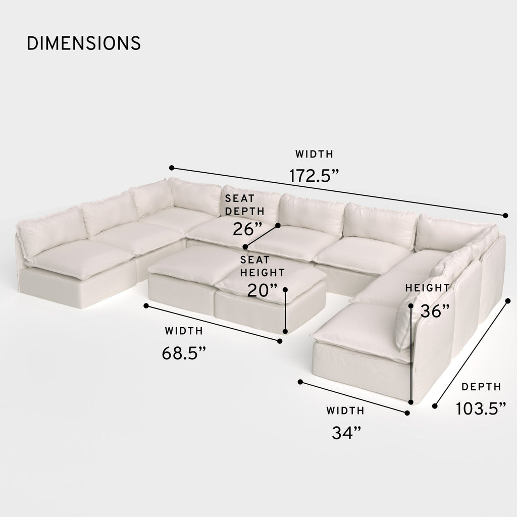 Salon d'extérieur modulable lavable en forme de U avec 9 places assises, extrémités ouvertes + pouf ottomane | Tissu Nano Slubweave couleur Chai