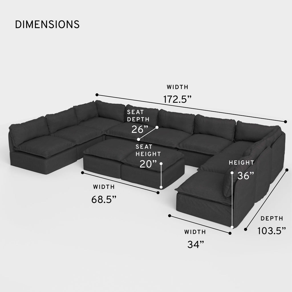 Salon modulable d'extérieur 9 places avec pieds décalés en forme de U + pouf ottomane | Toile classique en anthracite, lavable