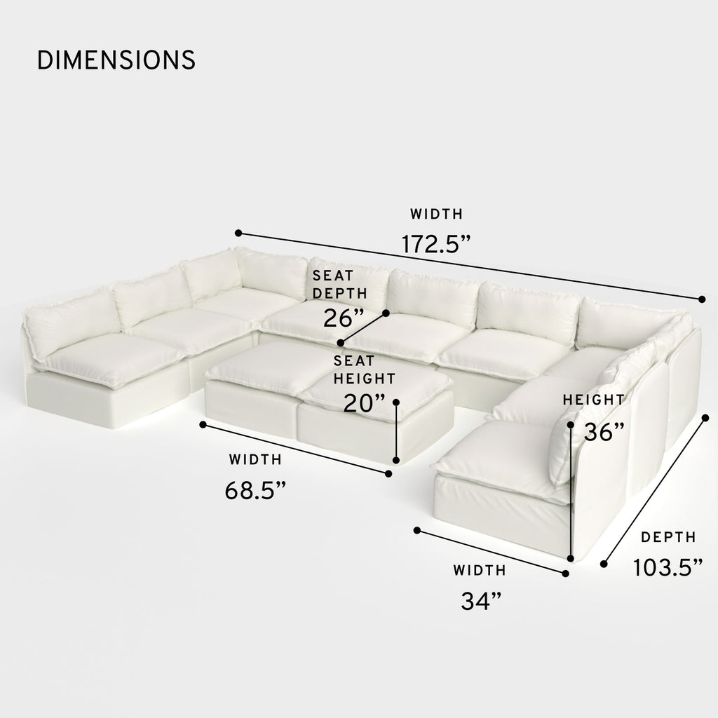 Salon d'extérieur modulable 9 places avec bouts ouverts en forme de U + pouf ottomalin | Toile classique couleur nuage