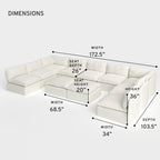 Salon d'extérieur modulable 9 places avec bouts ouverts en forme de U + pouf ottomalin | Toile classique couleur nuage