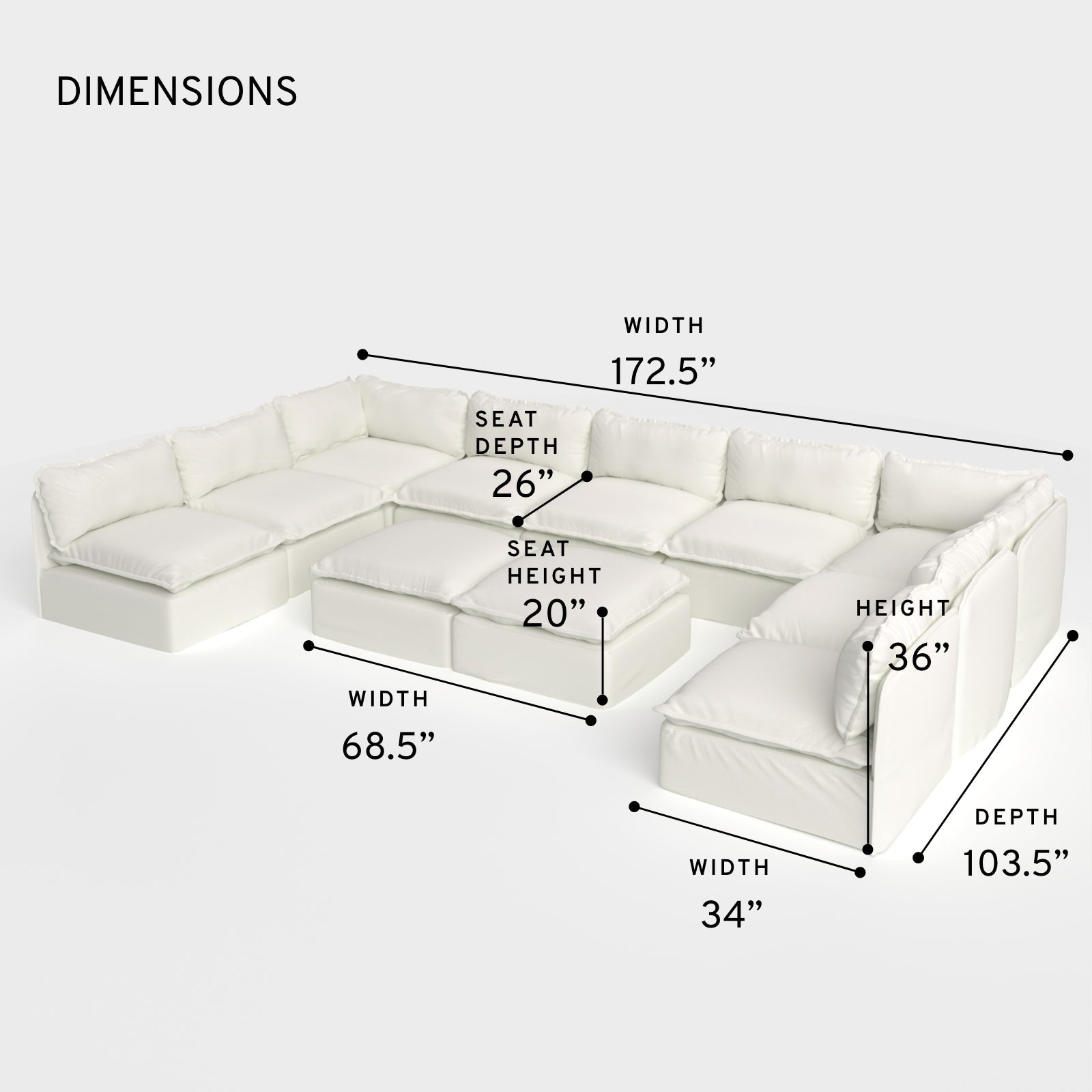 Salon d'extérieur modulable 9 places avec bouts ouverts en forme de U + pouf ottomalin | Toile classique couleur nuage