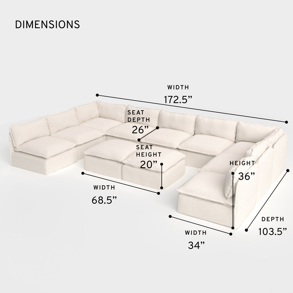 Salon d'extérieur modulable 9 places avec pieds déchaussables en forme de U + pouf ottant | Alfresco Boucle en crème, lavable