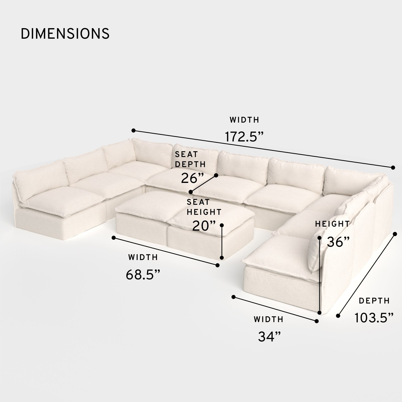 Salon d'extérieur modulable 9 places avec pieds déchaussables en forme de U + pouf ottant | Alfresco Boucle en crème, lavable