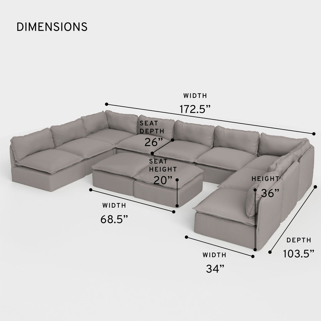 Module d'extérieur lavable, canapé d'angle U à 9 places avec pieds ouverts + pouf ottomane | Tissu Nano Slubweave gris clair