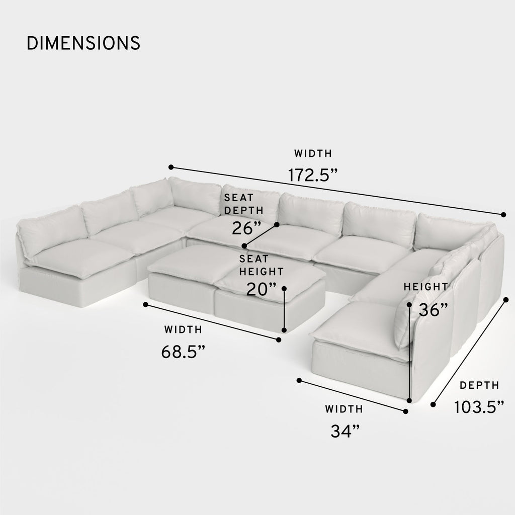 Salon d'extérieur modulable 9 places avec pieds U et pouf ottant convertible | Tissu Nano Slubweave couleur brume