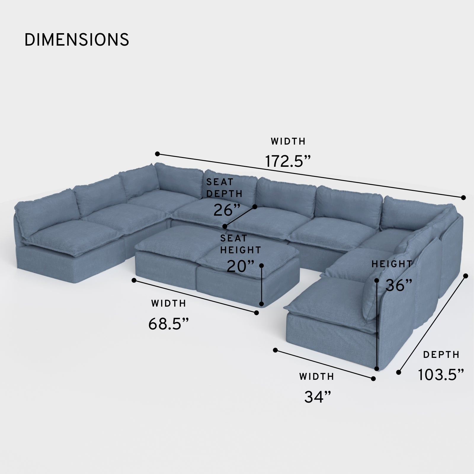 Module d'extérieur modulaire lavable, canapé U 9 places avec extrémités ouvertes + pouf ottomane | Toile classique couleur océan