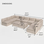 Salon modulable d'extérieur 9 places avec pieds droits et ottomane banquette, lavable | Toile classique couleur sable