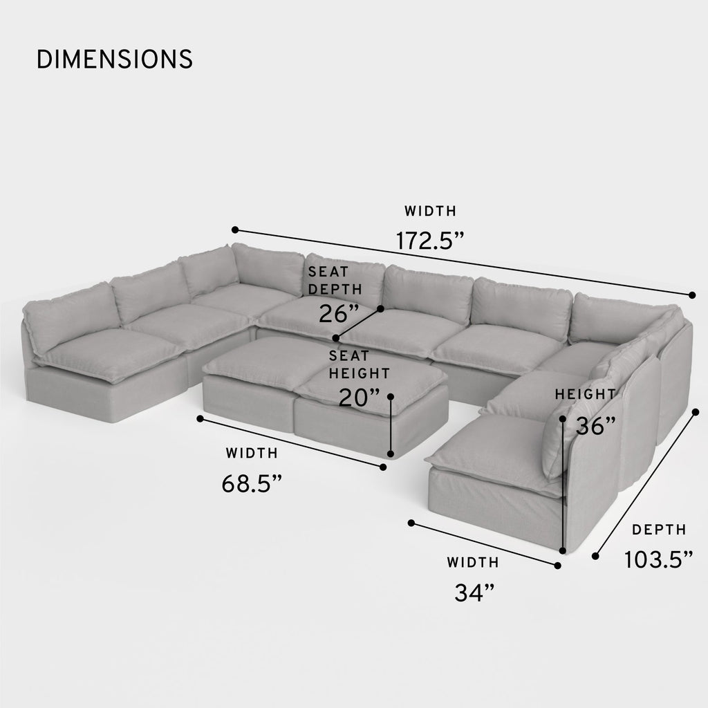 Salon modulable d'extérieur 9 places avec bouts ouverts en forme de U + pouf ottomalin lavable | Toile classique gris pierre