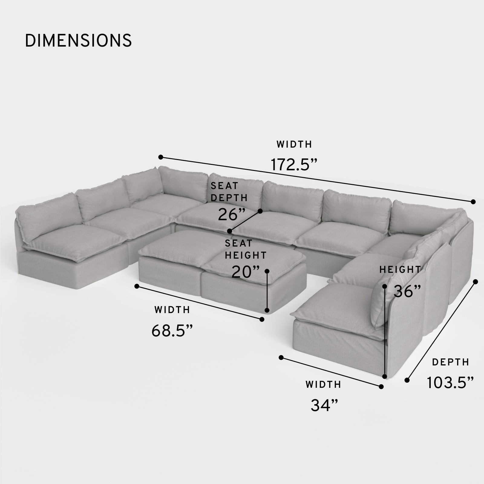 Salon modulable d'extérieur 9 places avec bouts ouverts en forme de U + pouf ottomalin lavable | Toile classique gris pierre