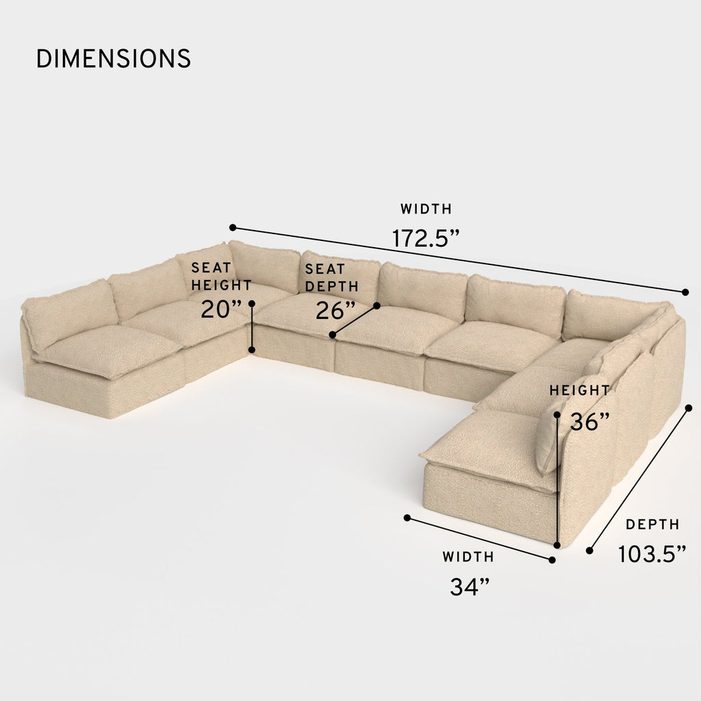 Module d'assise extérieur lavable, 9 places, ouvert sur les deux extrémités, en forme de U | Alfresco Boucle en couleur Noisette