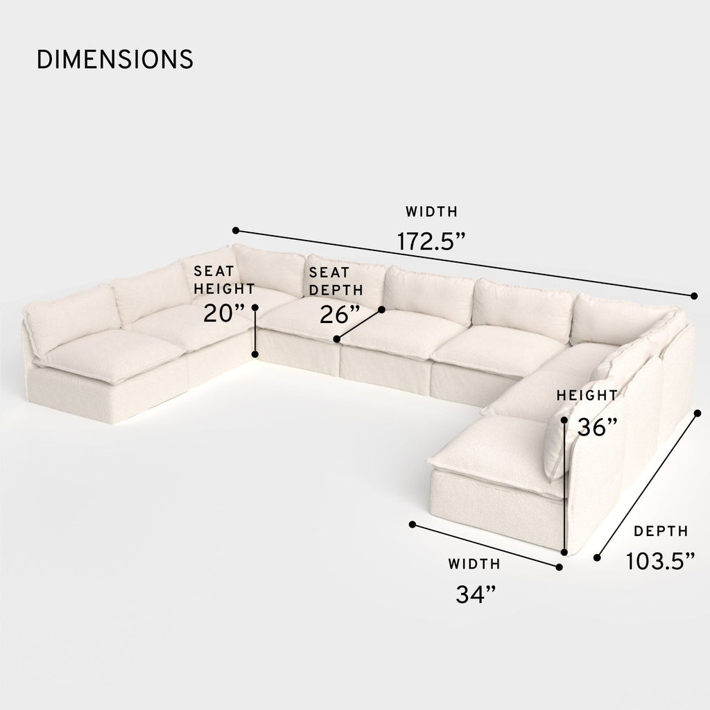 Module d'assise extérieur lavable, 9 places, en forme de U avec extrémités ouvertes | Alfresco Boucle en crème