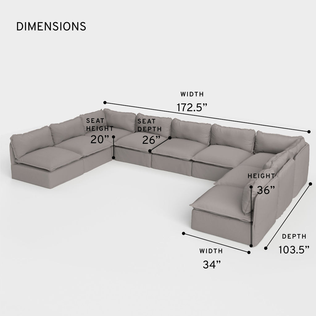 Module d'assise U extensible pour extérieur, 9 places, avec finitions ouvertes | Tissu Nano Slubweave gris fumé