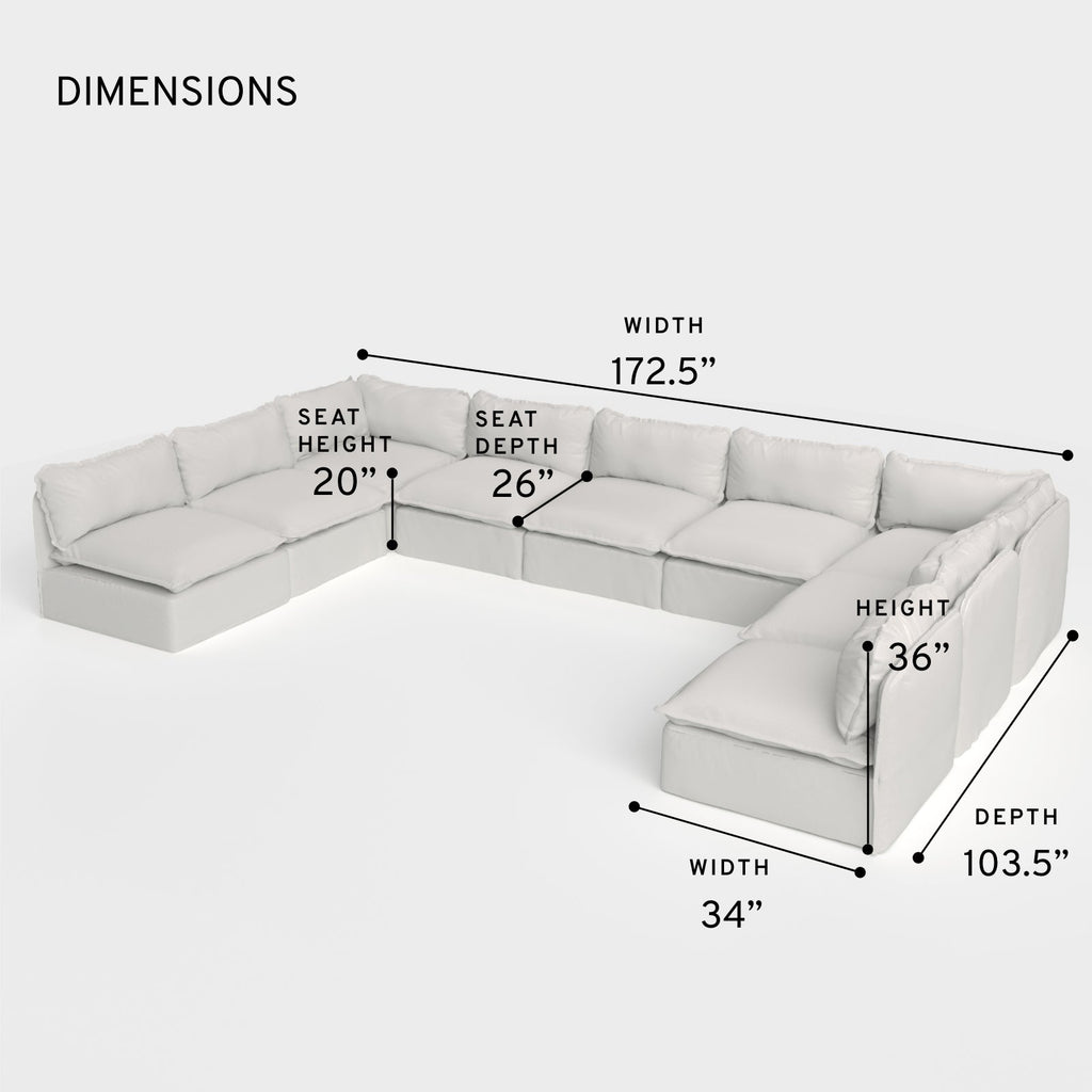Module d'assise U extensible pour extérieur, 9 places, avec extrémités ouvertes | Tissu Nano Slubweave couleur brume