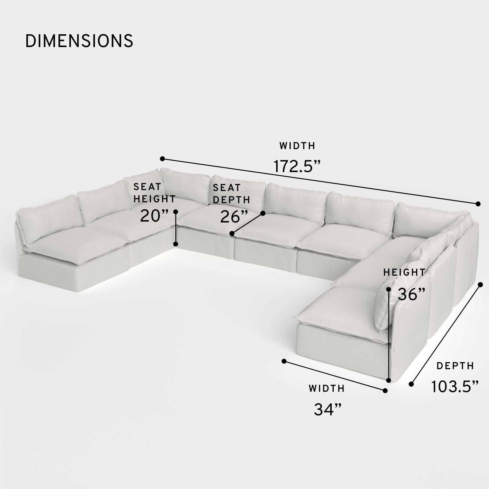 Module d'assise U extensible pour extérieur, 9 places, avec extrémités ouvertes | Tissu Nano Slubweave couleur brume