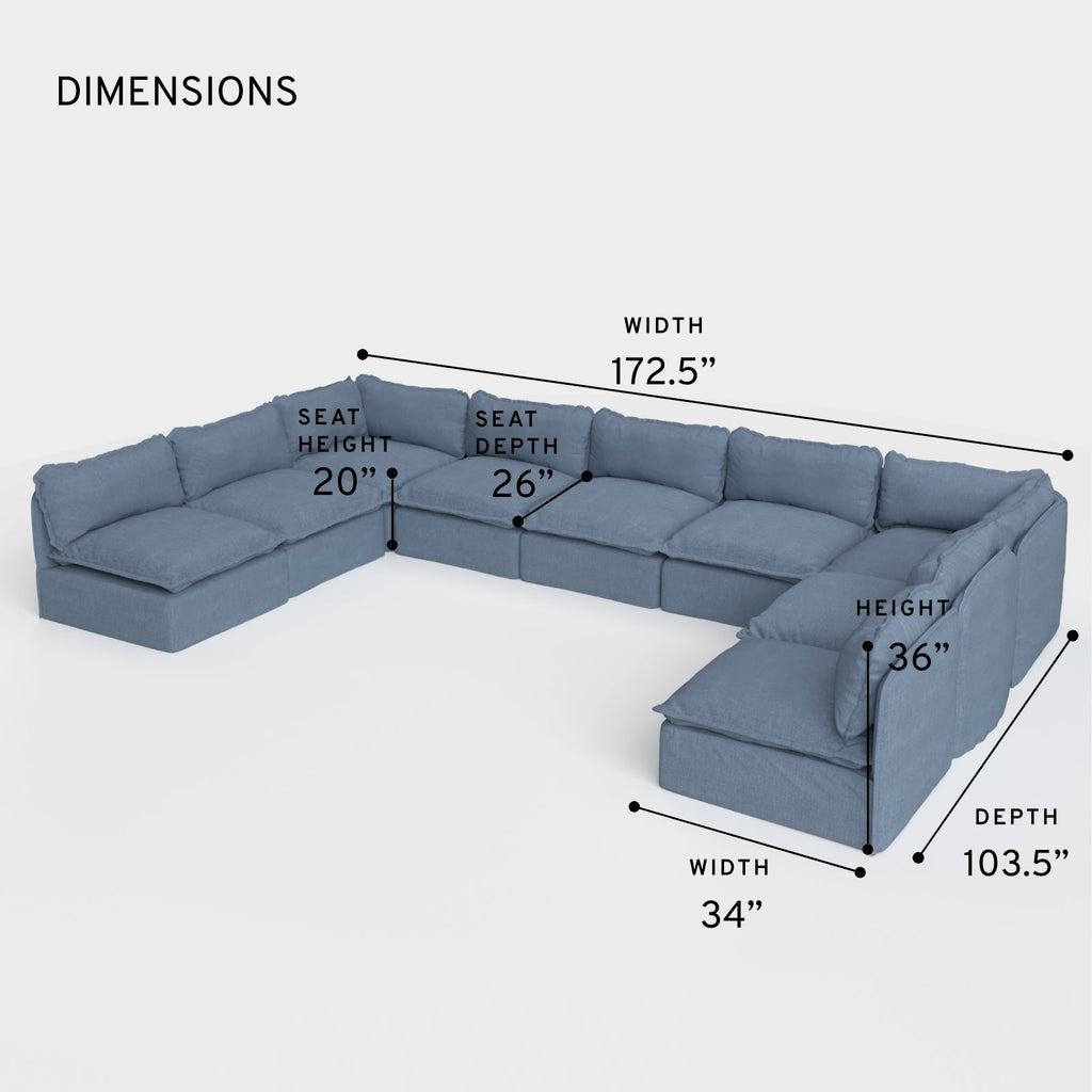 Module d'assise extérieur modulable et lavable, 9 places, ouvert sur les deux côtés, en forme de U | Toile classique couleur océan