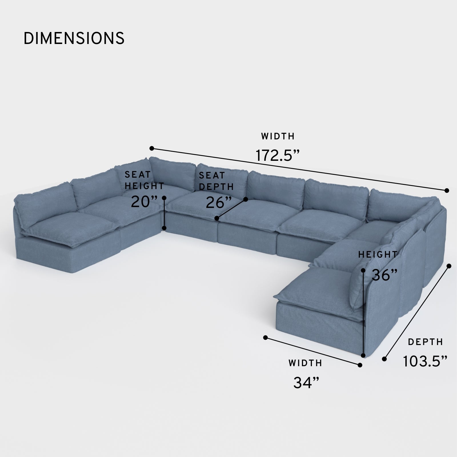 Module d'assise extérieur modulable et lavable, 9 places, ouvert sur les deux côtés, en forme de U | Toile classique couleur océan