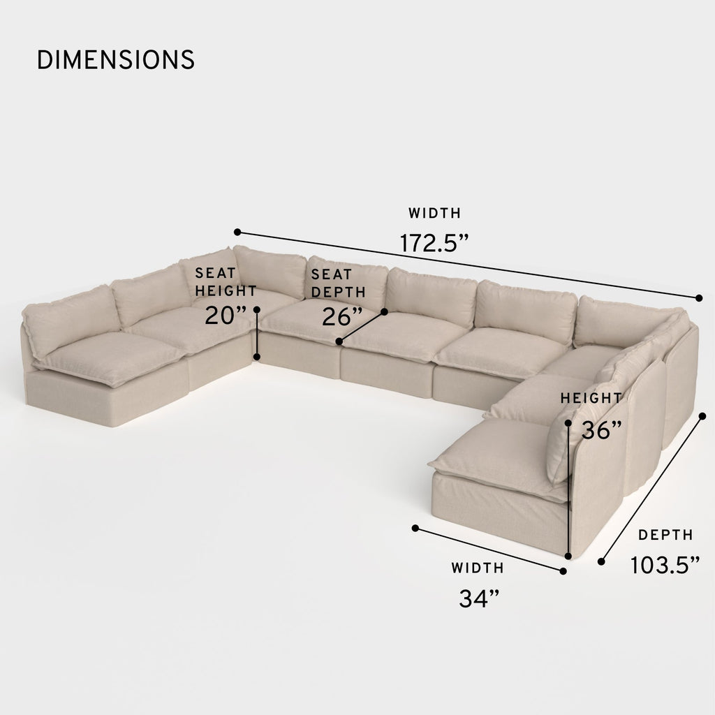 Sectionnel U modulaire d'extérieur lavable à 9 places avec extrémités ouvertes | Toile classique couleur sable