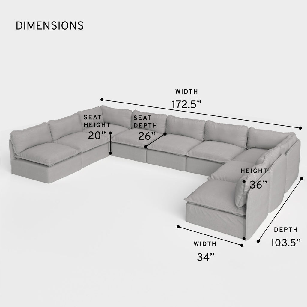 Section U modulaire d'extérieur lavable à 9 places avec extrémités ouvertes | Toile classique en gris pierre