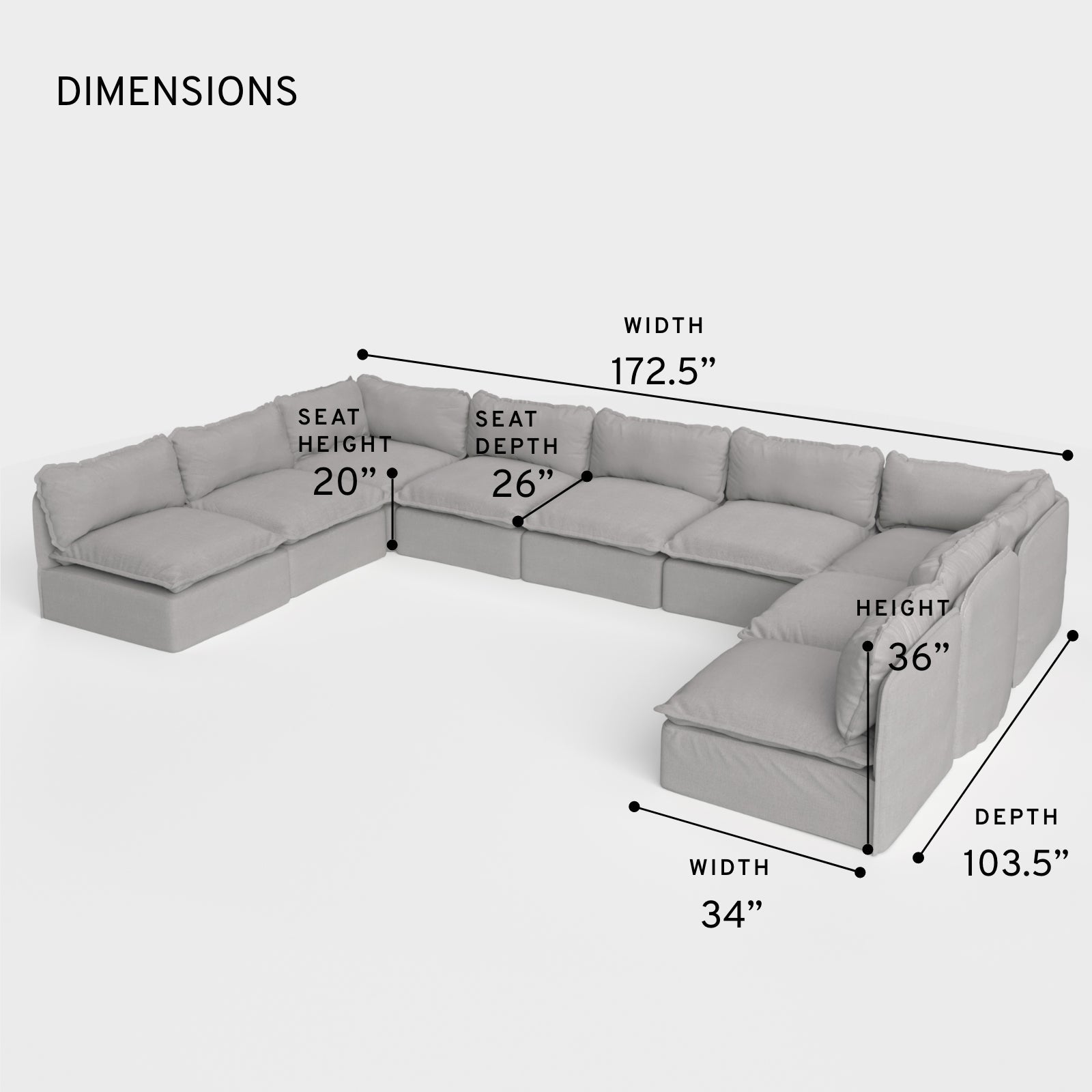 Section U modulaire d'extérieur lavable à 9 places avec extrémités ouvertes | Toile classique en gris pierre
