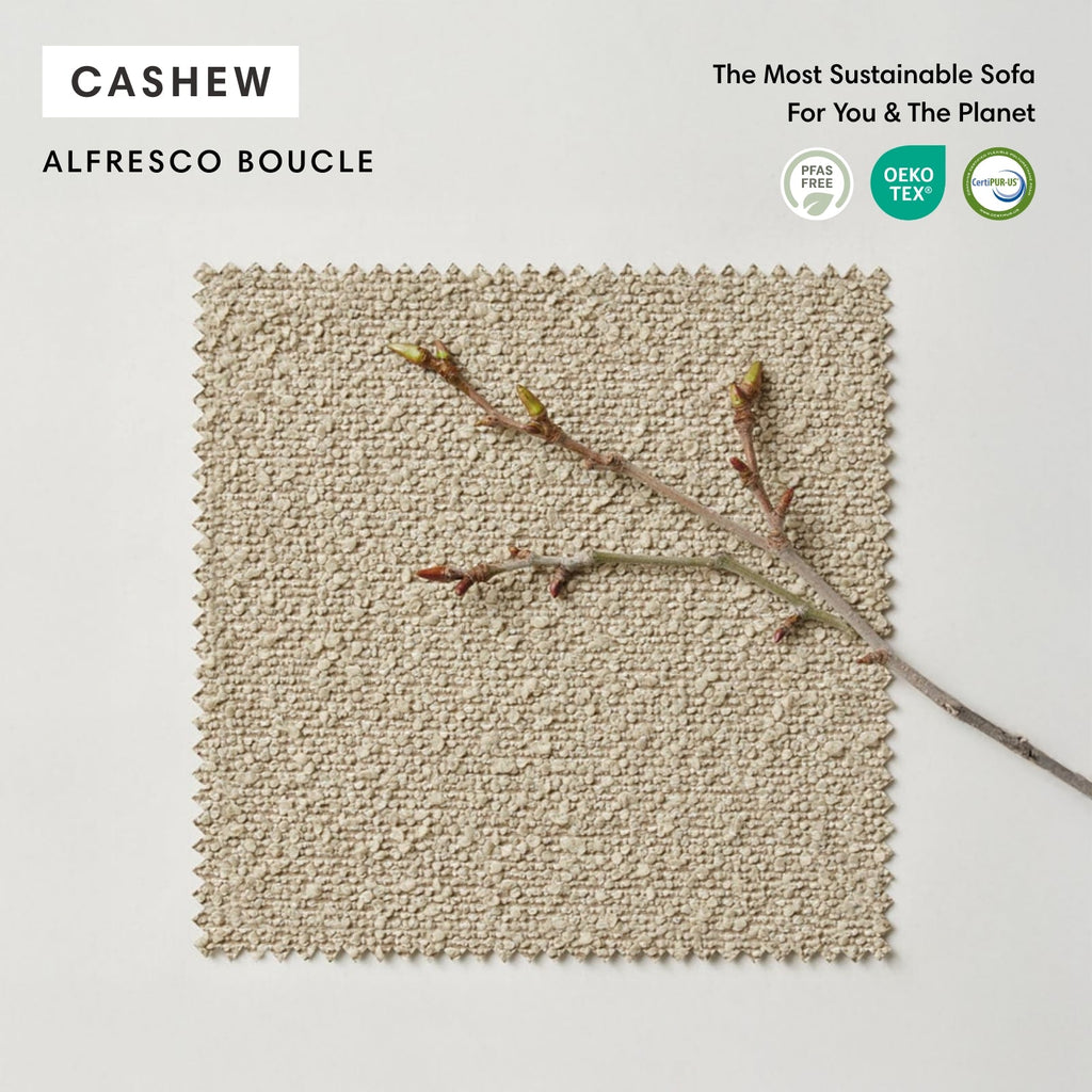 Salon modulable d'extérieur 9 places avec pieds décalés en forme de U + pouf ottomalin lavable | Alfresco Boucle en couleur Noisette