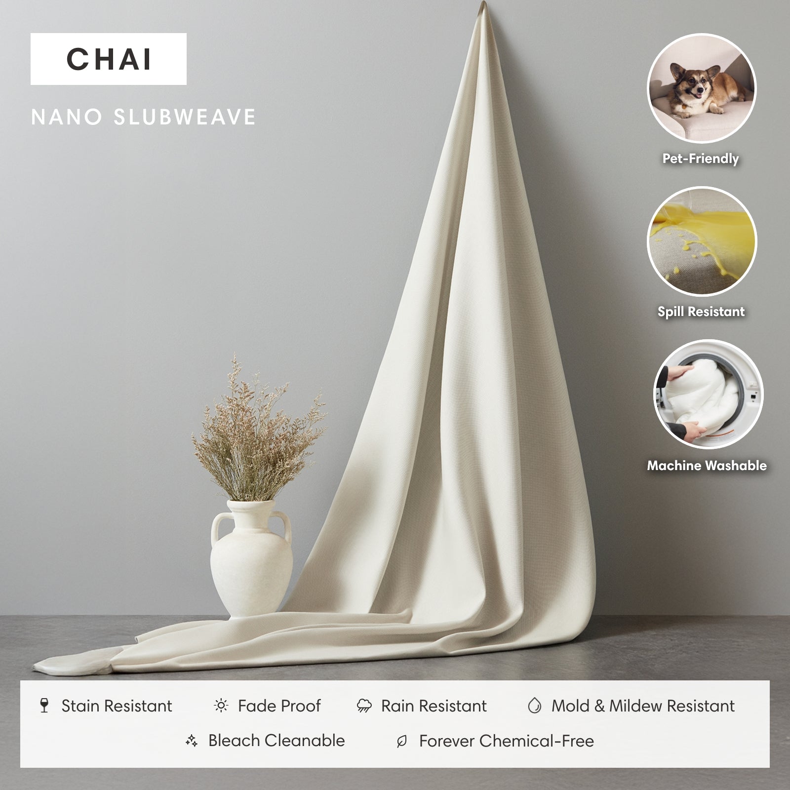 Salon modulable d'extérieur lavable à 7 places, ouvert sur les deux extrémités, en forme de U + pouf | Tissu Nano Slubweave couleur Chai