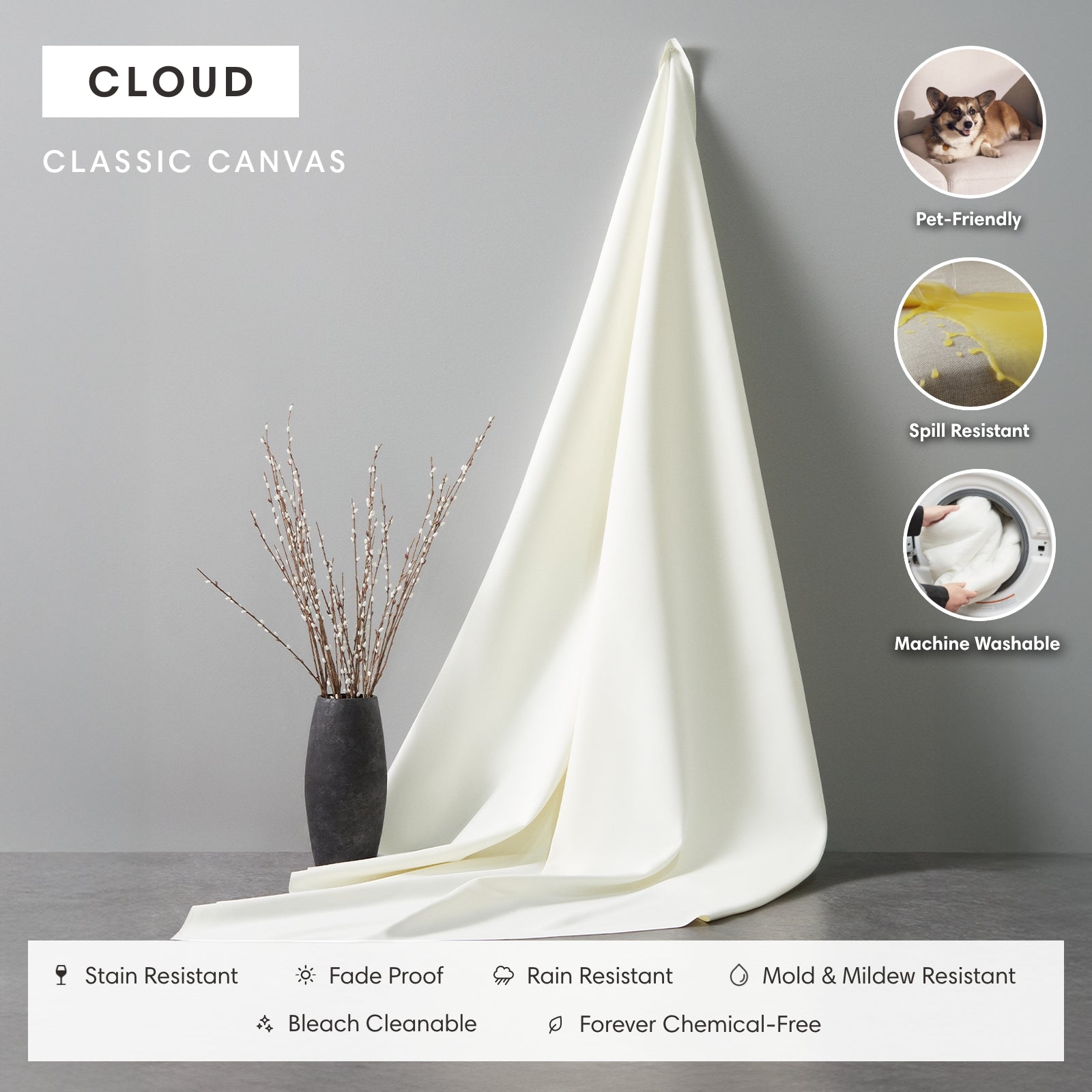 Salon d'extérieur modulaire lavable en forme de U avec 7 places et pieds décalés + pouf ottomal | Toile classique couleur nuage