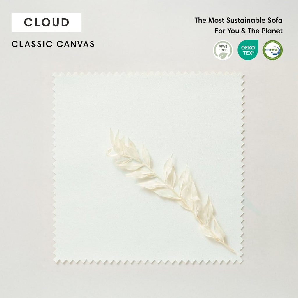 Salon modulable d'extérieur lavable en forme de U avec 8 places assises et pieds décalés + pouf | Toile classique couleur nuage