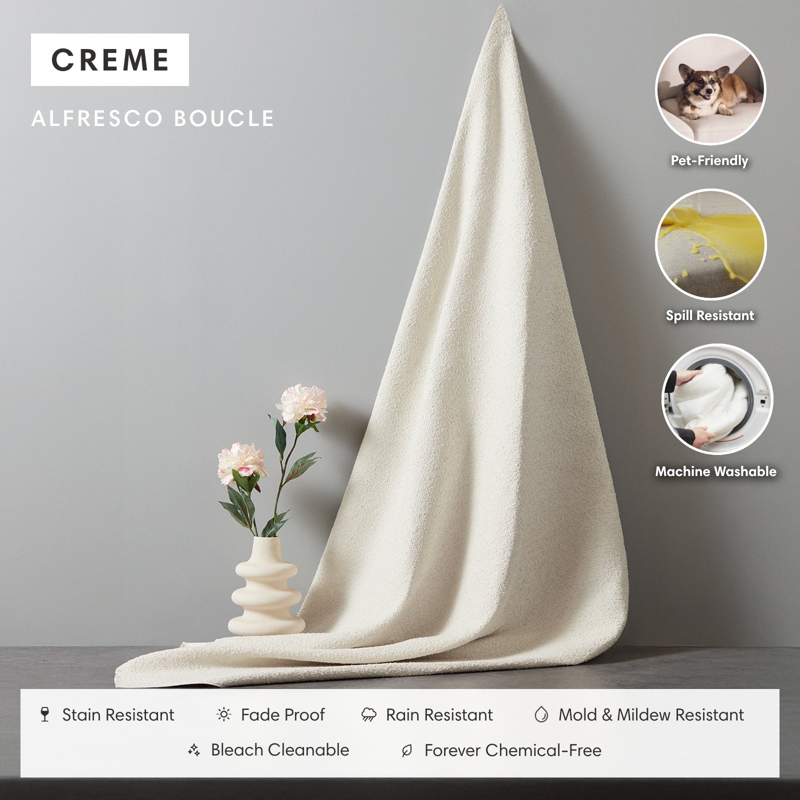 Module d'assise extérieur lavable, 7 places, ouvert sur les deux côtés, en forme de U | Alfresco Boucle en crème