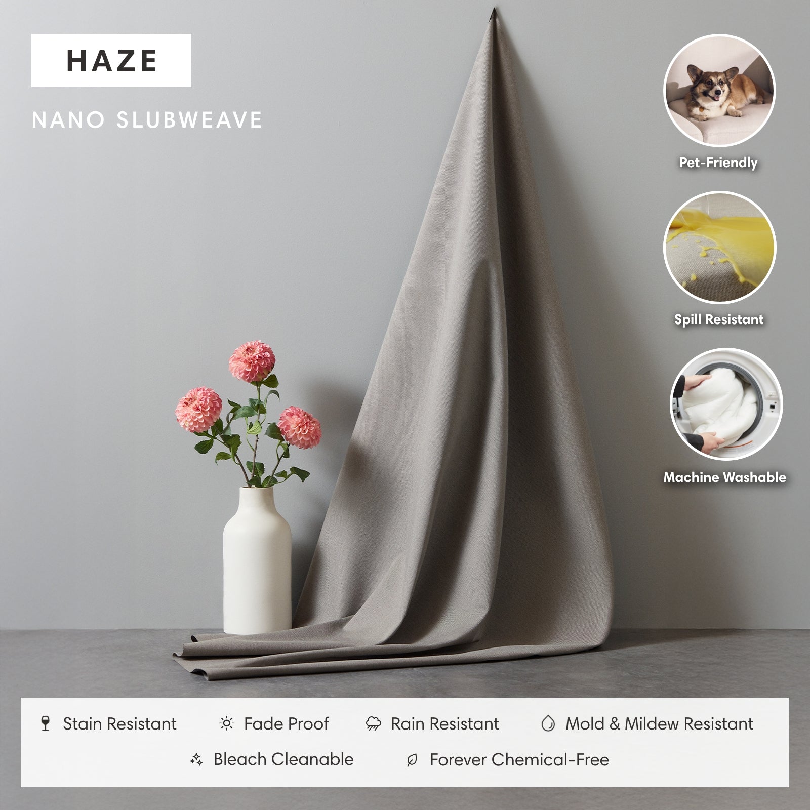 Salon modulable d'extérieur lavable en forme de U avec 8 places et pieds décalés + pouf | Tissu Nano Slubweave gris clair