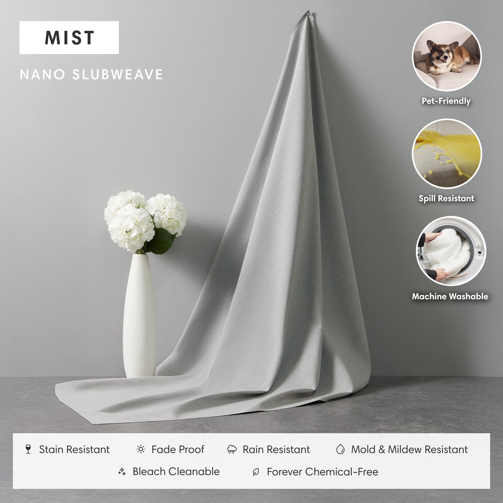 Module d'angle U modulable pour extérieur, 7 places, avec extrémités ouvertes, lavable | Tissu Nano Slubweave couleur brume