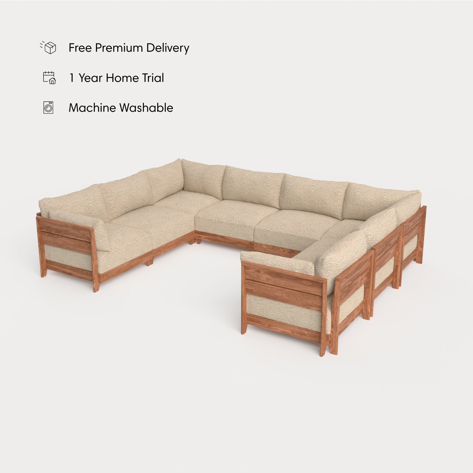 Salon d'extérieur modulable en teck, 8 places, en forme de U | Alfresco Boucle en couleur Noisette