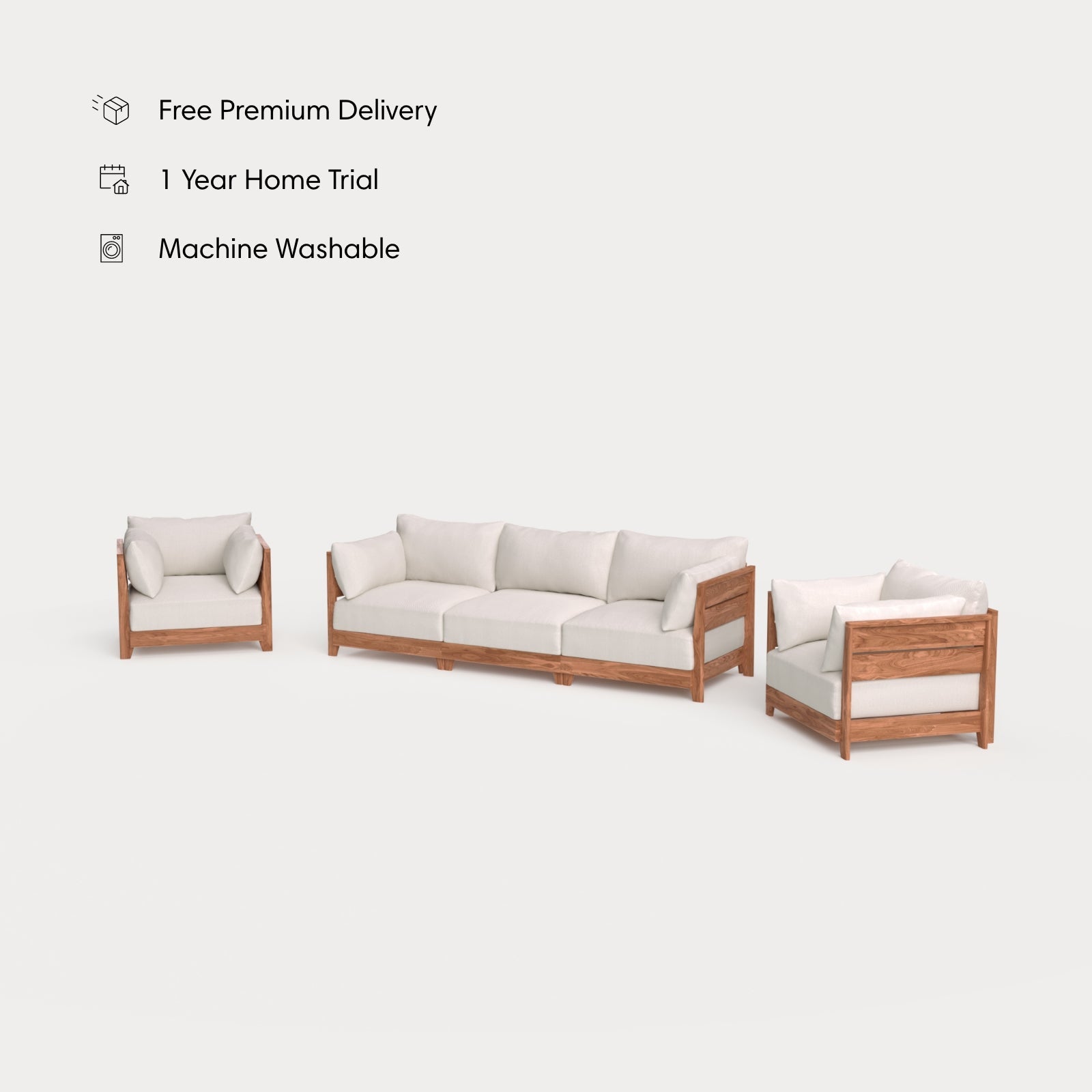 Ensemble modulable de canapé et de fauteuil d'extérieur en teck | Tissu Nano Slubweave couleur Chai