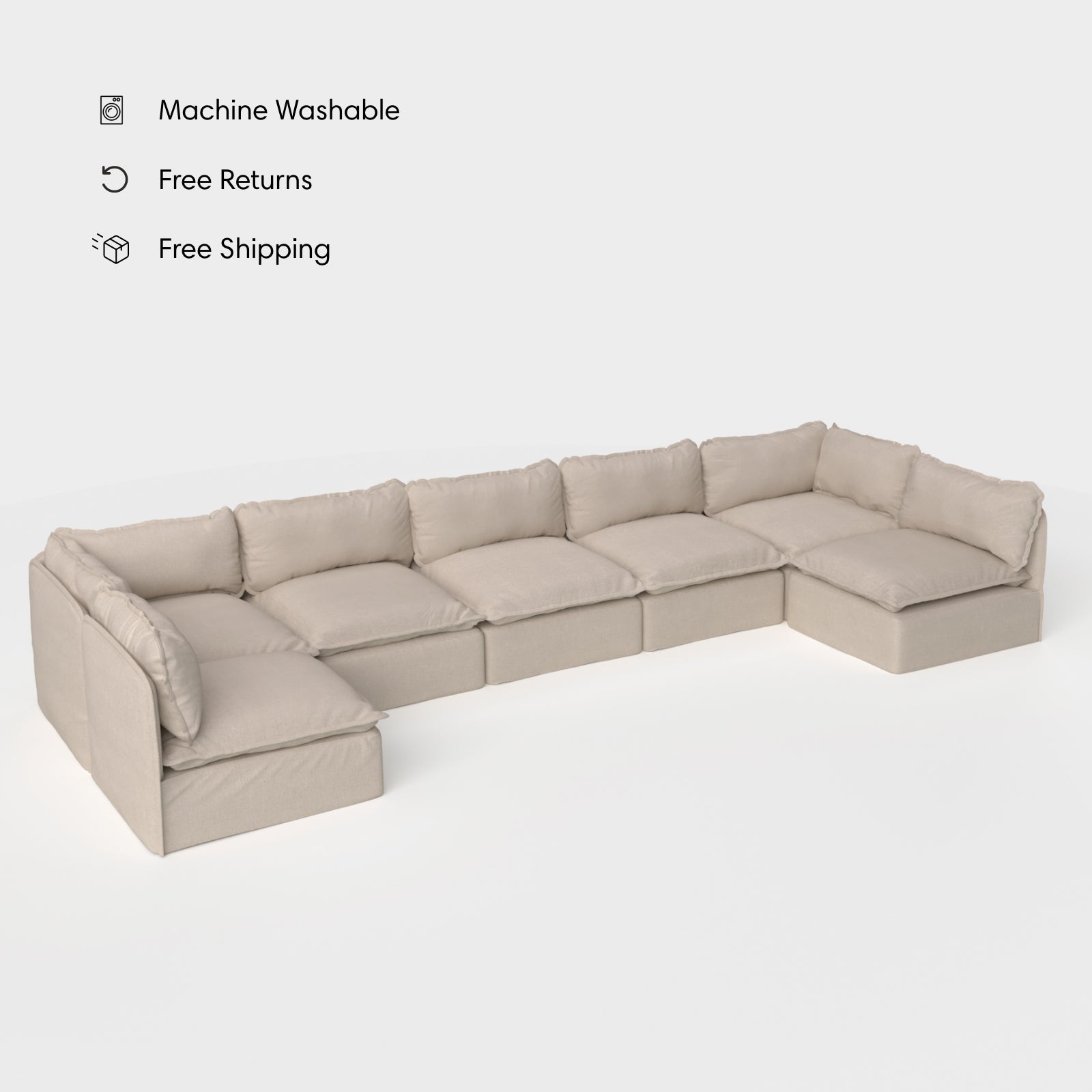 Sectional d'extérieur modulaire à 7 places avec extrémités ouvertes, lavable, en forme de U | Toile classique couleur sable