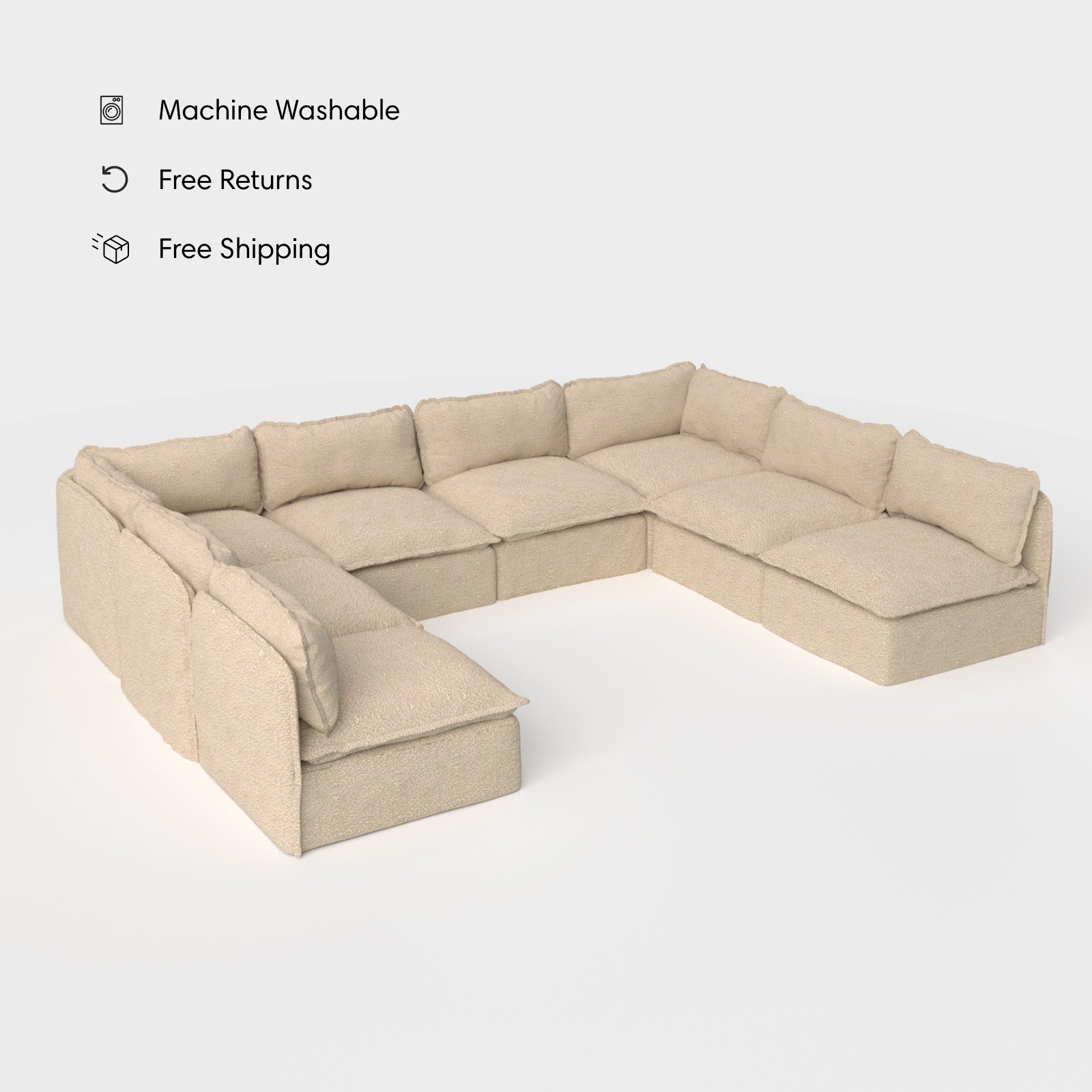 Salon modulable d'extérieur lavable en forme de U avec 8 places assises et extrémités ouvertes | Alfresco Boucle en couleur Noisette