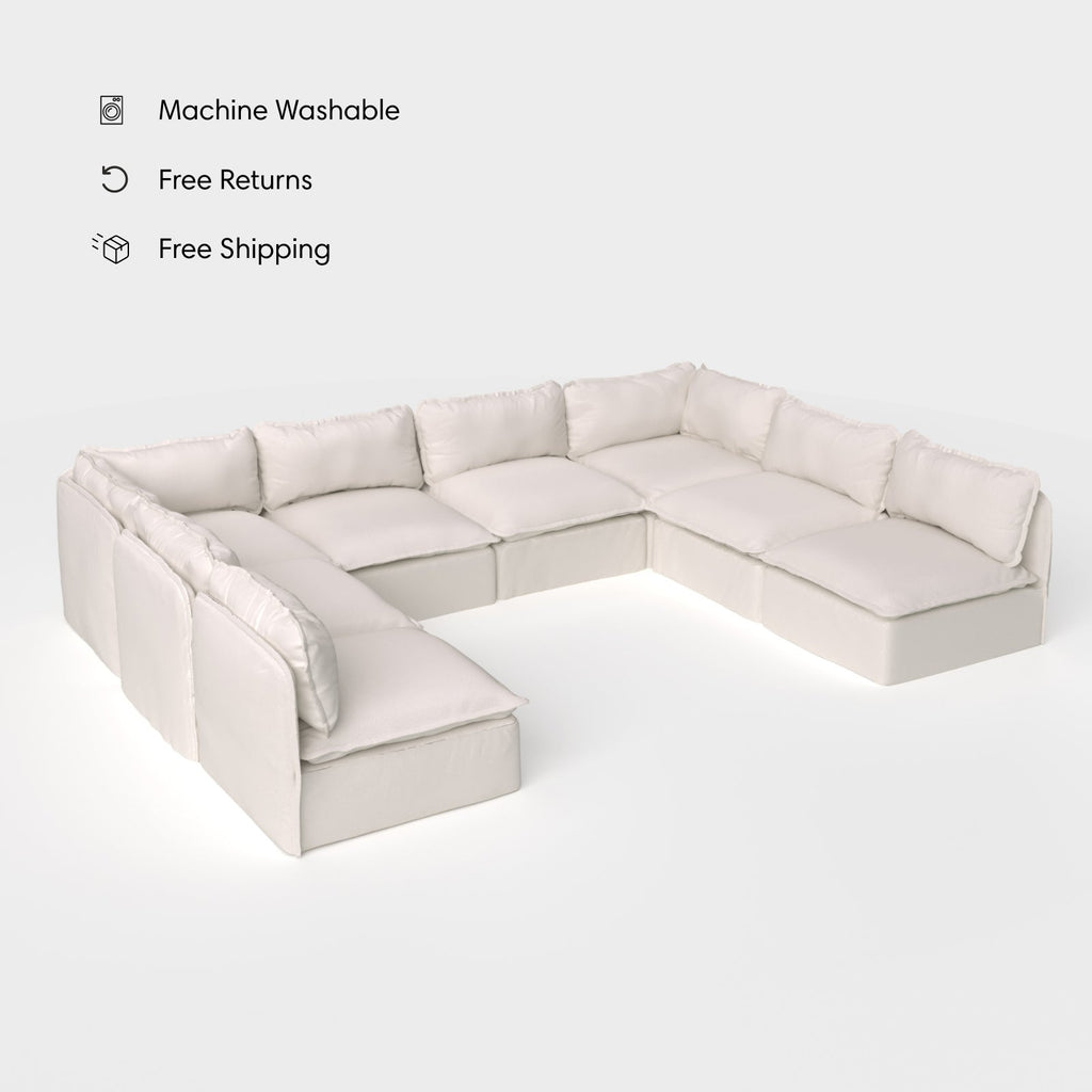 Module d'assise U extensible pour extérieur, 8 places, avec finitions ouvertes | Tissu Nano Slubweave couleur Chai