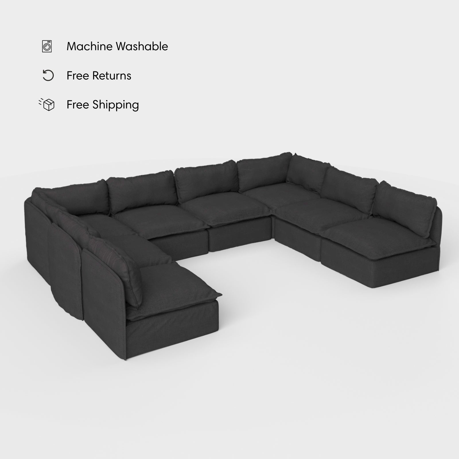 Sectional U-Form Modulaire pour Extérieur, 8 Places, Extrémités Ouvertes, Lavable | Toile Classique Anthracite