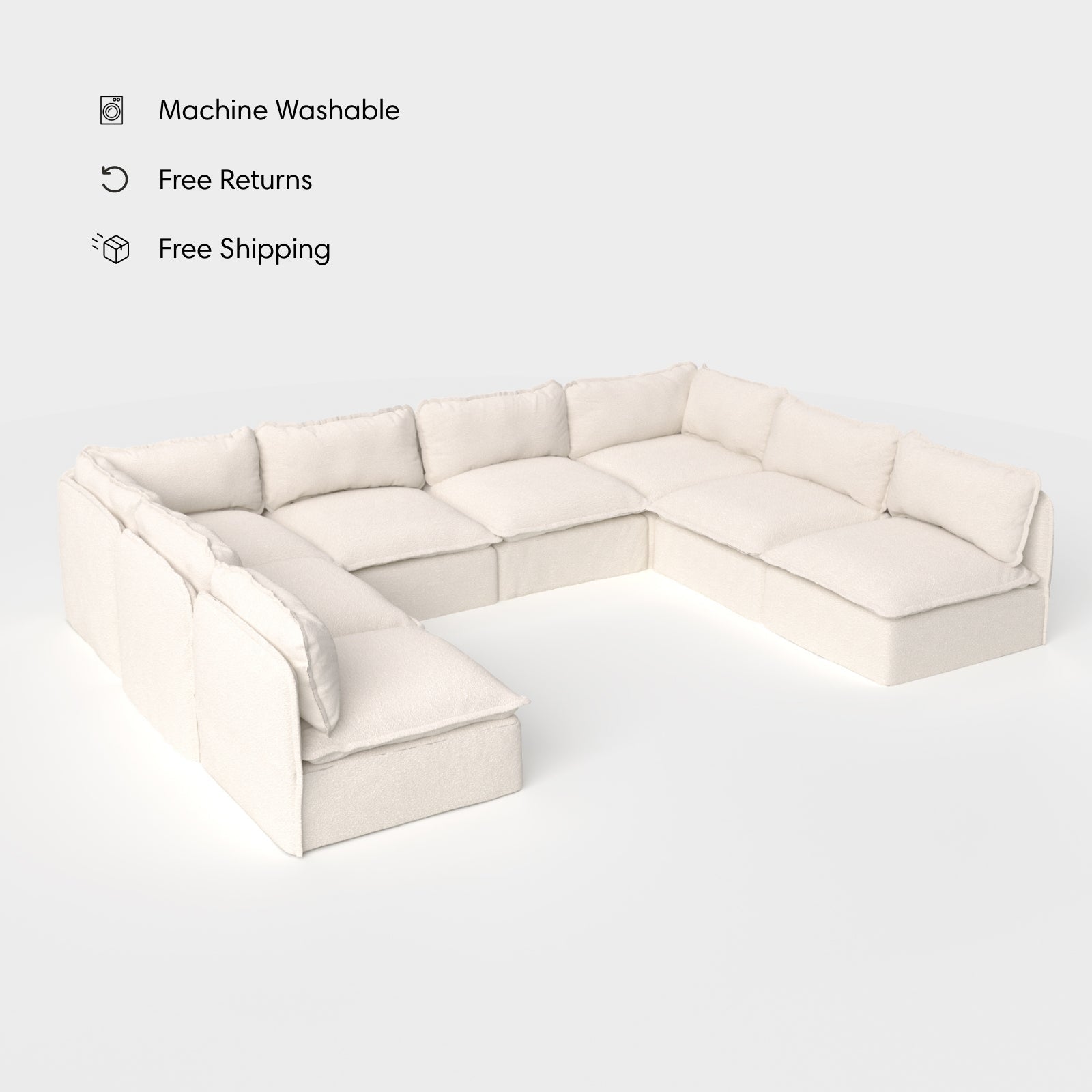 Salon modulable d'extérieur lavable en forme de U avec 8 places assises et extrémités ouvertes | Alfresco Boucle en crème