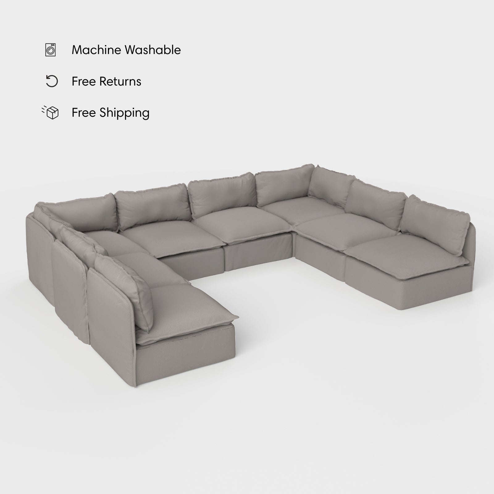 Sectional modulable d'extérieur lavable à 8 places avec extrémités ouvertes en forme de U | Tissu Nano Slubweave gris perle