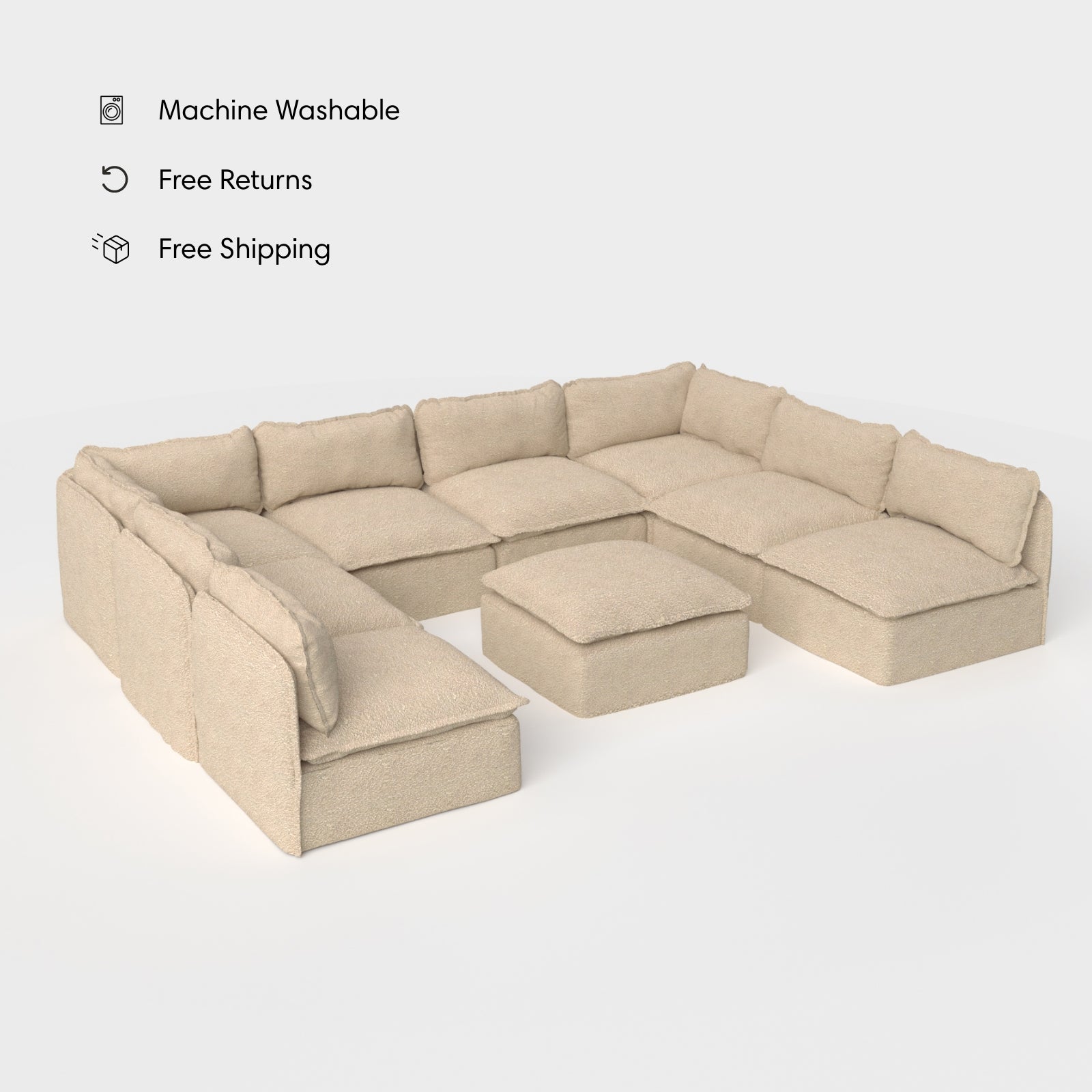 Sectional U-Shape 8 Places Extérieur Modulaire avec Pieds Ouverts et Pouf Lavables | Alfresco Boucle en Noisette