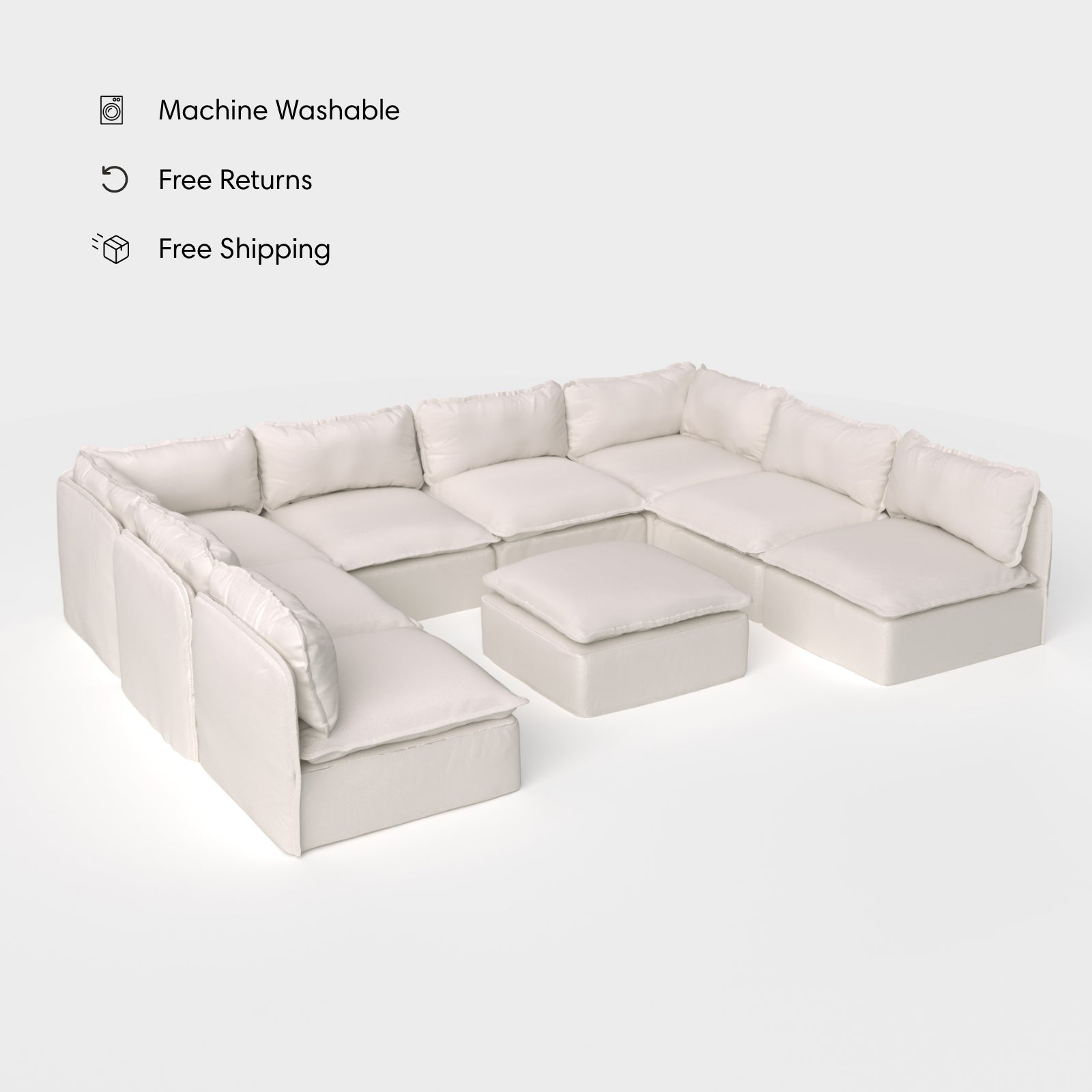 Sectional U en forme de U modulaire pour extérieur, 8 places, avec pieds et pouf, lavable | Tissu Nano Slubweave couleur Chai