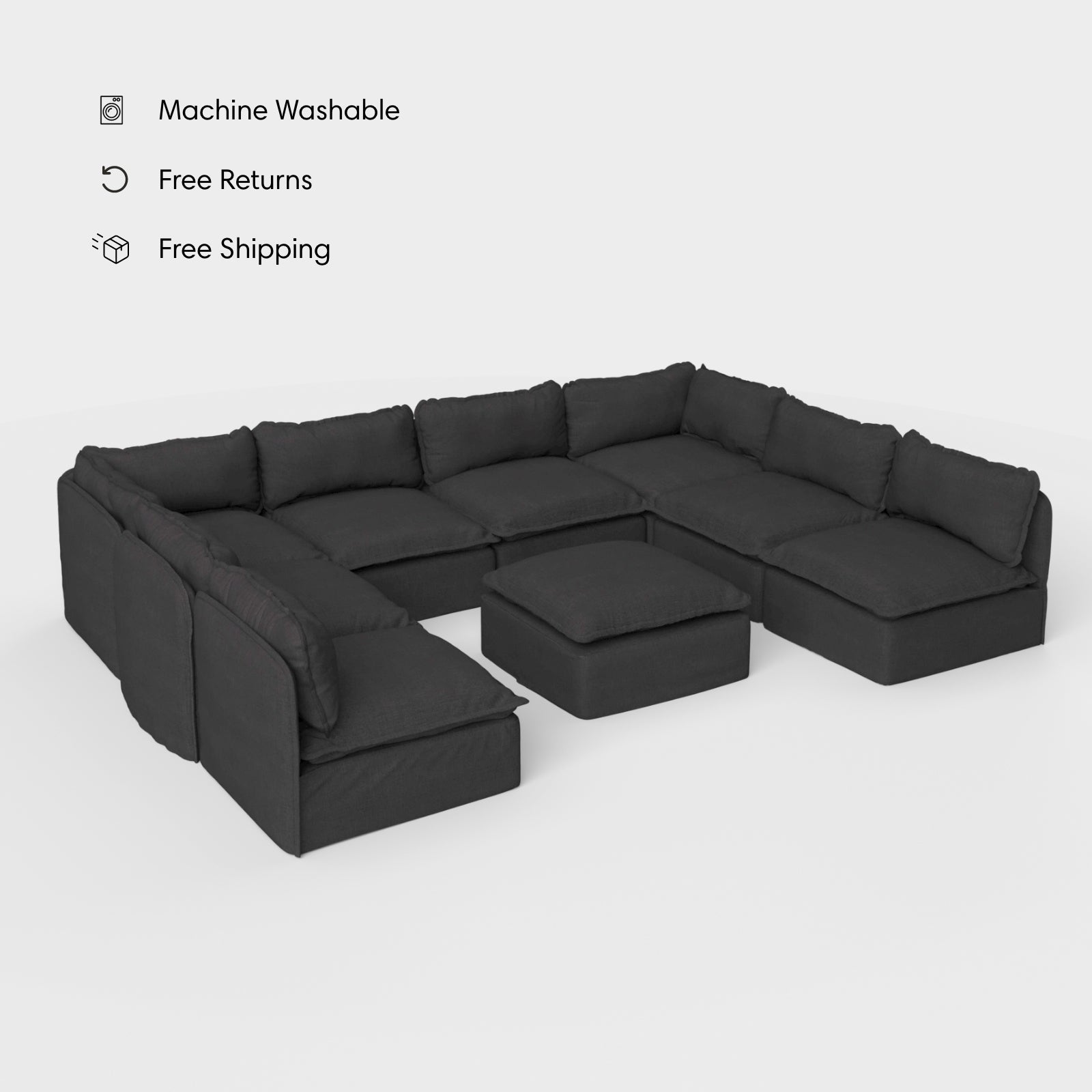 Salon modulable d'extérieur 8 places en forme de U avec pieds ouverts et pouf, lavable | Toile classique anthracite