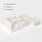 Salon modulable d'extérieur lavable en forme de U avec 8 places assises et pieds décalés + pouf | Toile classique couleur nuage