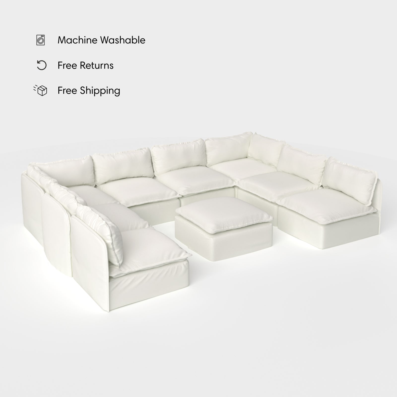 Salon modulable d'extérieur lavable en forme de U avec 8 places assises et pieds décalés + pouf | Toile classique couleur nuage