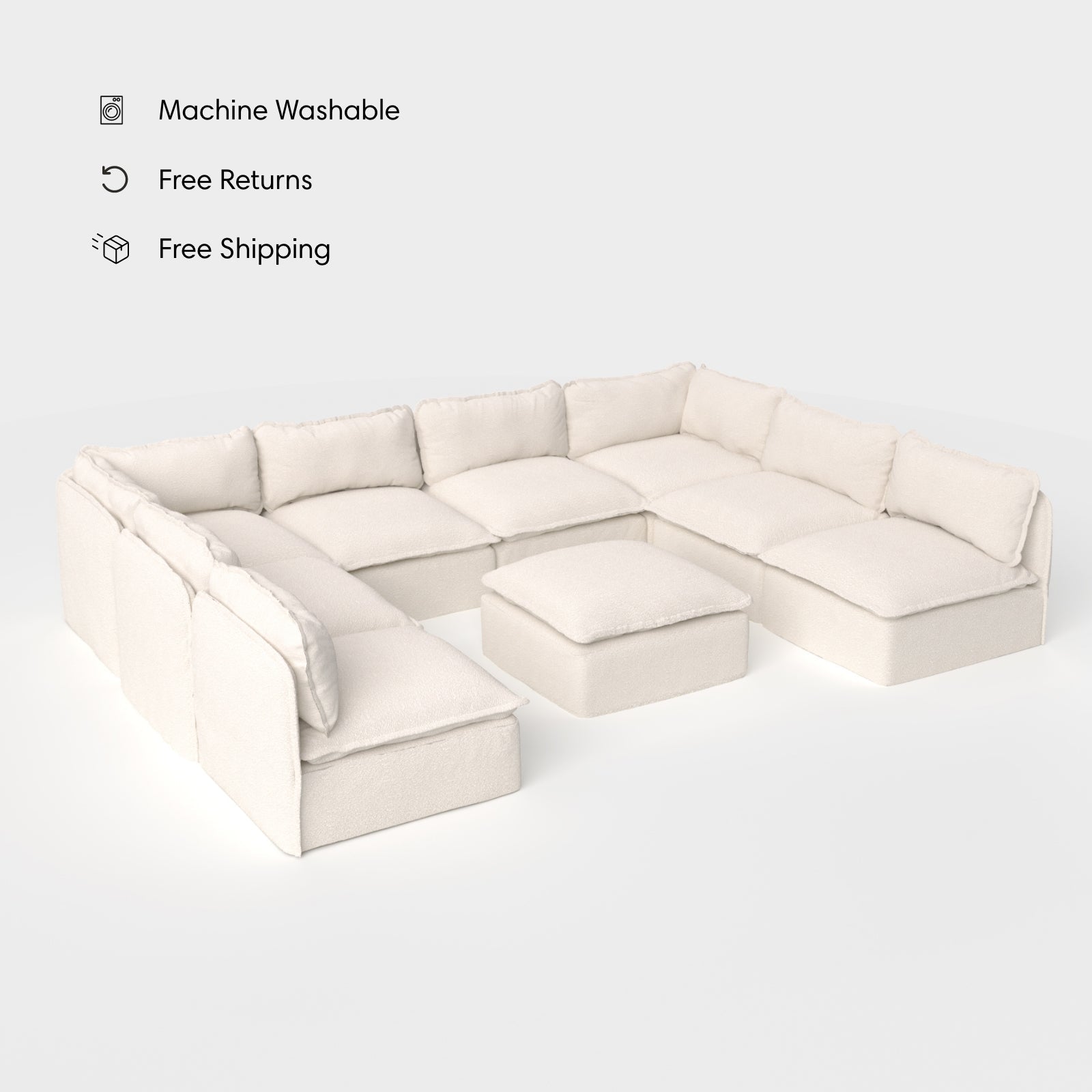 Salon modulable d'extérieur 8 places avec pieds droits et pouf, lavable, en forme de U | Alfresco Boucle en crème