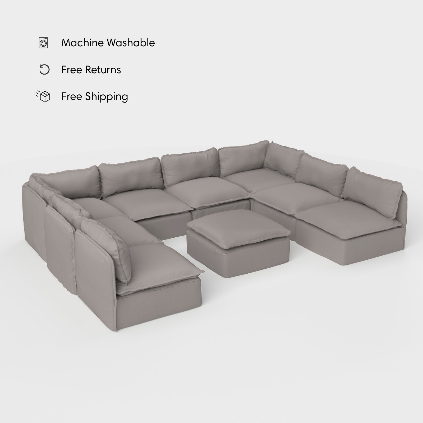 Salon modulable d'extérieur lavable en forme de U avec 8 places et pieds décalés + pouf | Tissu Nano Slubweave gris clair