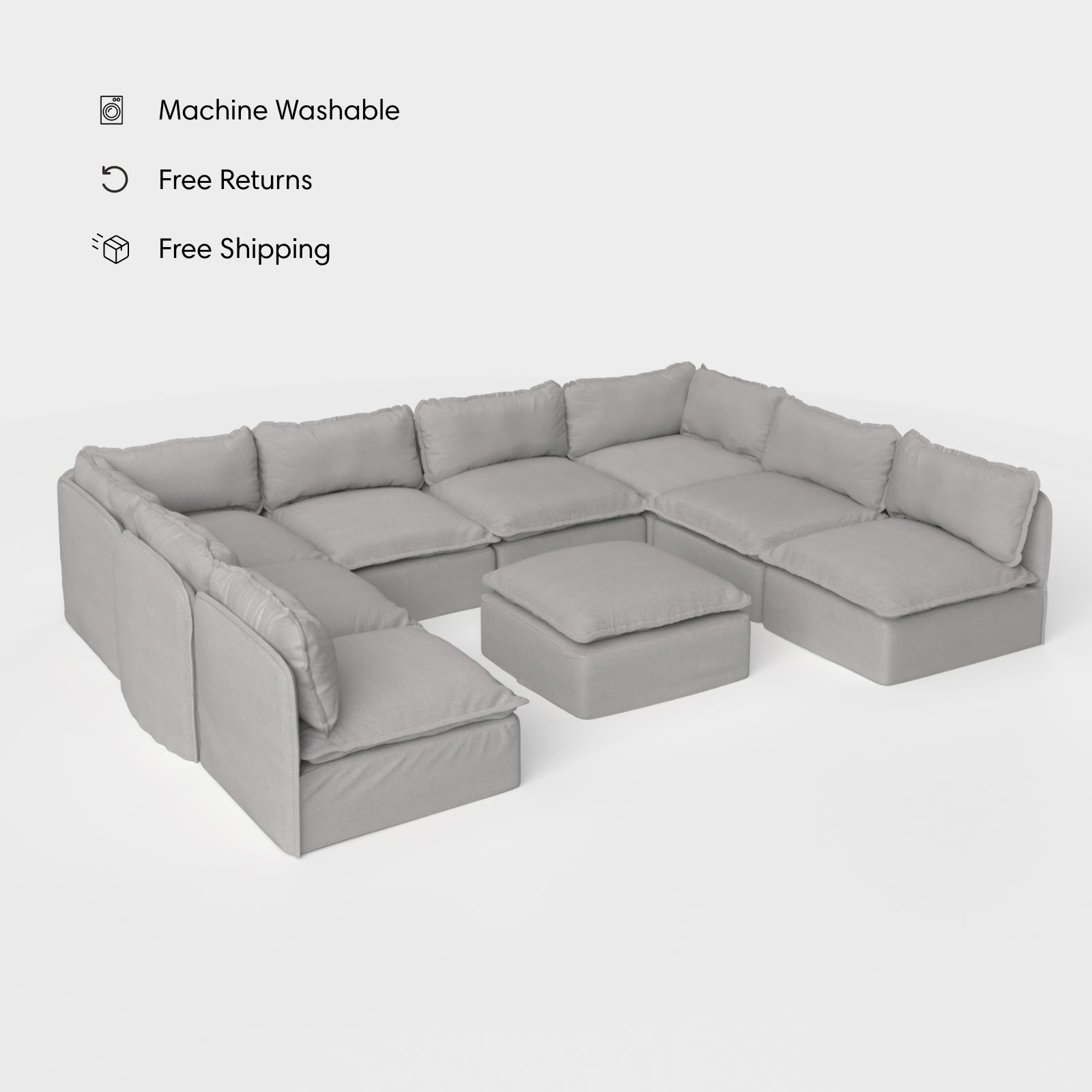 Salon modulable d'extérieur lavable en forme de U avec 8 places assises et pieds décalés + pouf | Toile classique gris pierre