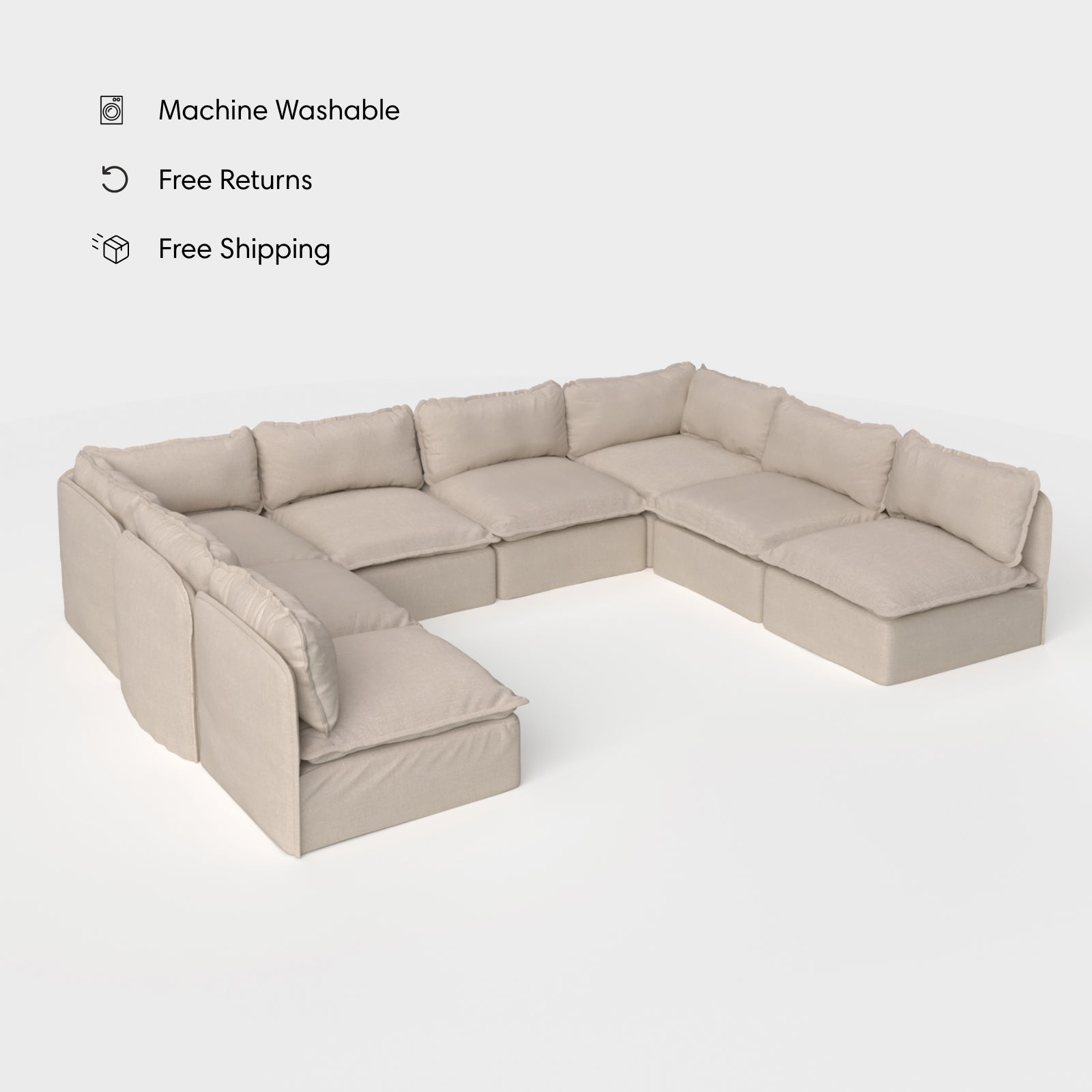 Salon modulable d'extérieur lavable à 8 places, ouvert et en forme de U | Toile classique couleur sable